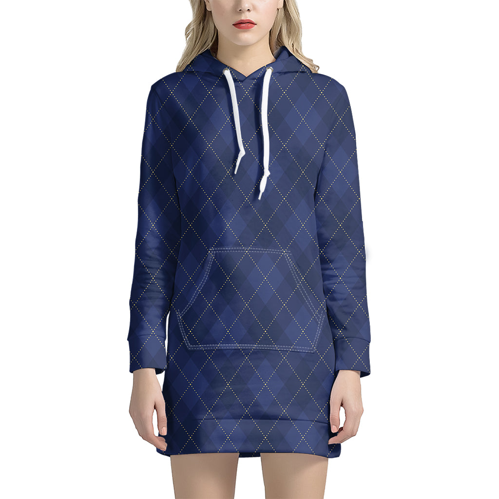 Navy Blue Argyle Pattern Print Hoodie Dress