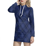 Navy Blue Argyle Pattern Print Hoodie Dress