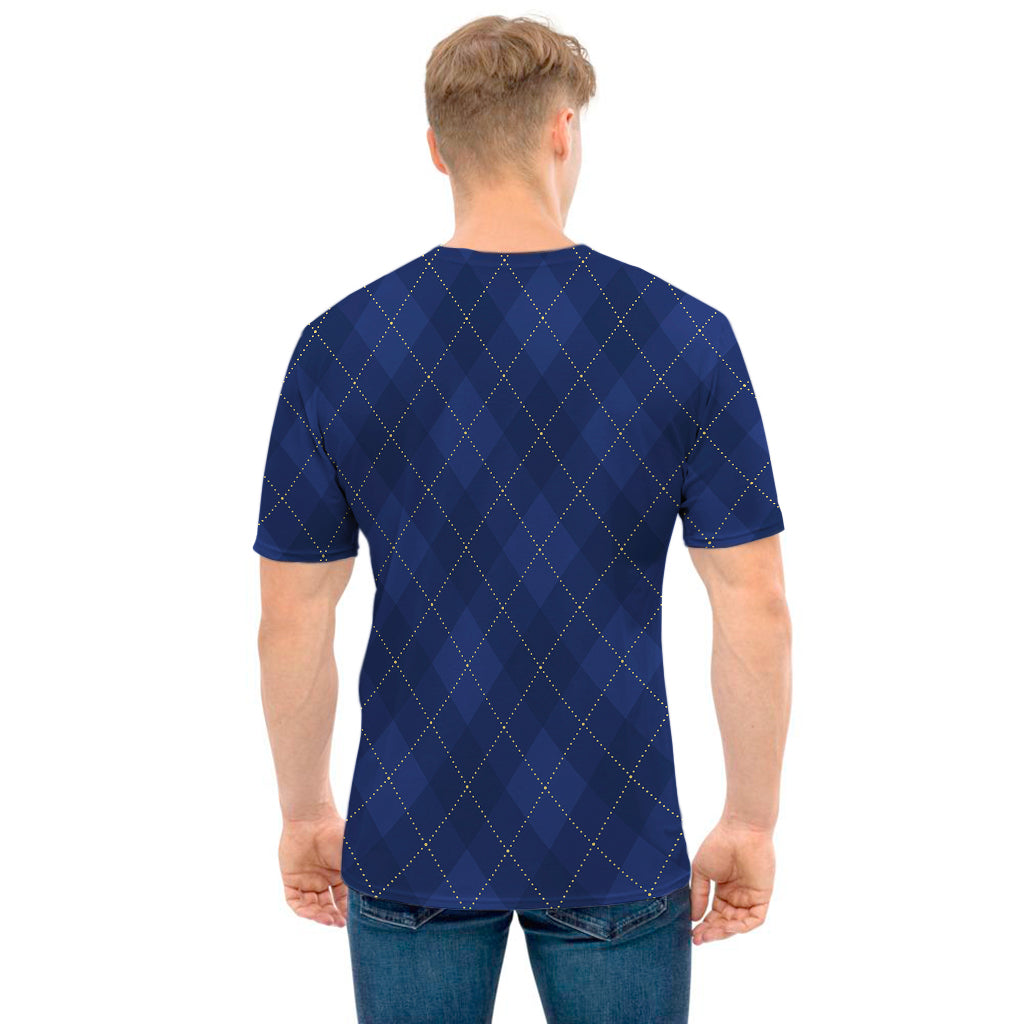 Navy Blue Argyle Pattern Print Men's T-Shirt