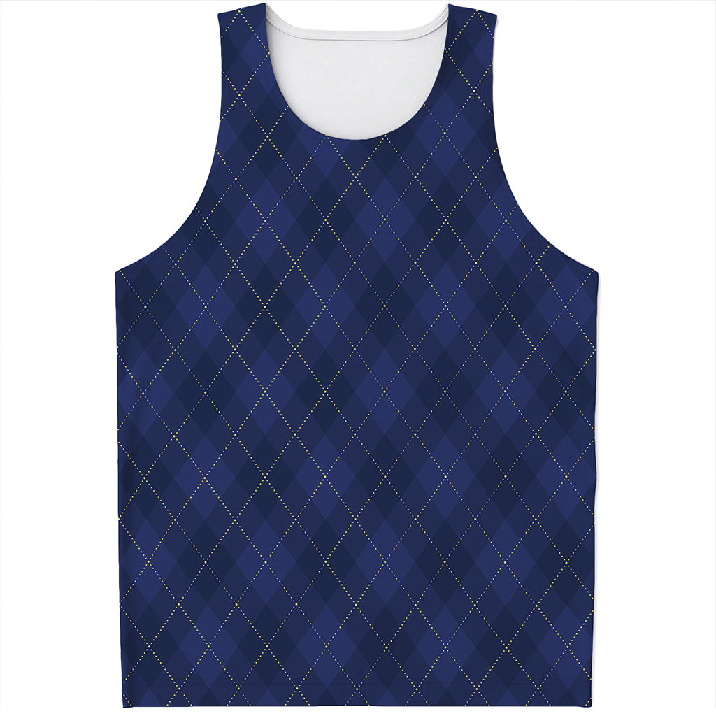 Navy Blue Argyle Pattern Print Men's Tank Top