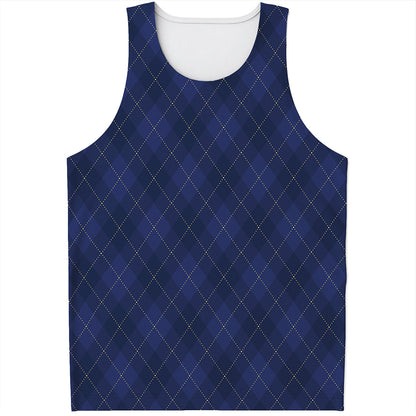 Navy Blue Argyle Pattern Print Men's Tank Top