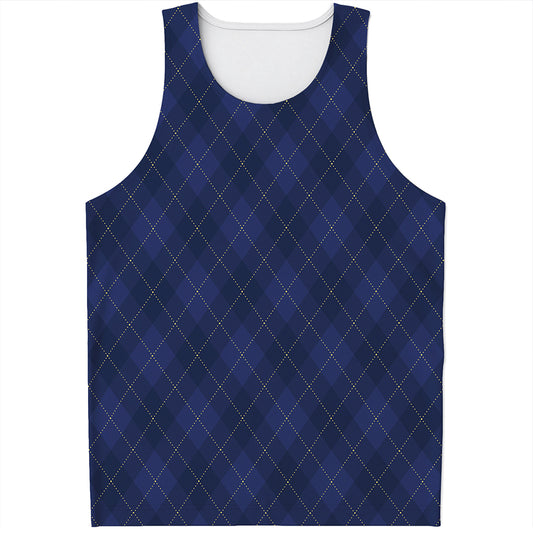 Navy Blue Argyle Pattern Print Men's Tank Top