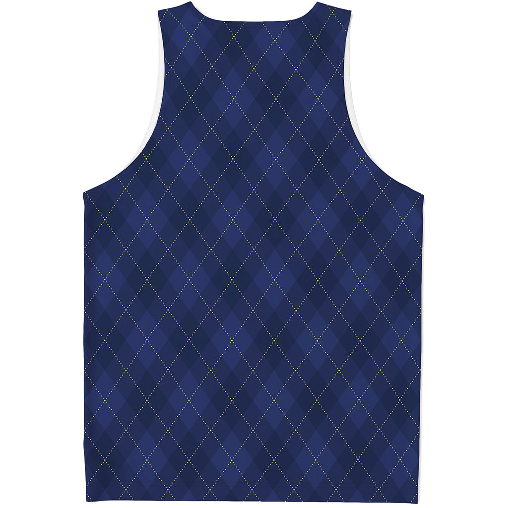 Navy Blue Argyle Pattern Print Men's Tank Top