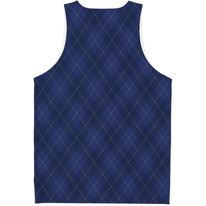 Navy Blue Argyle Pattern Print Men's Tank Top