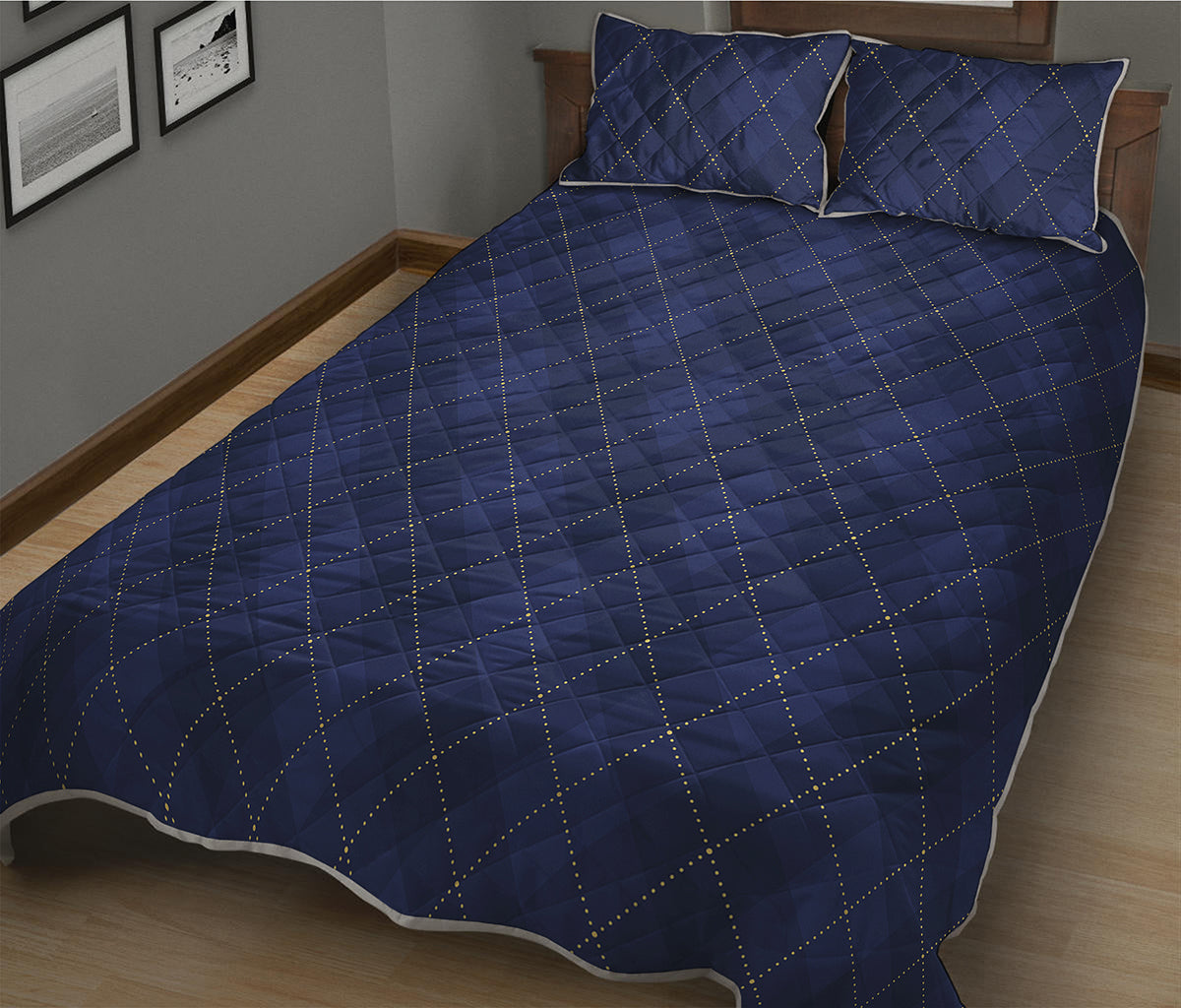 Navy Blue Argyle Pattern Print Quilt Bed Set