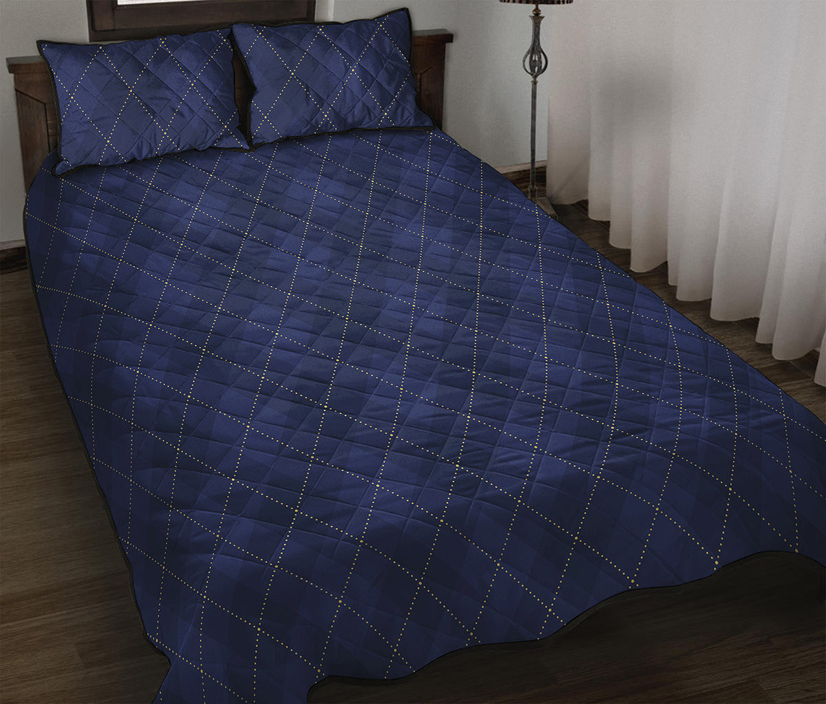 Navy Blue Argyle Pattern Print Quilt Bed Set