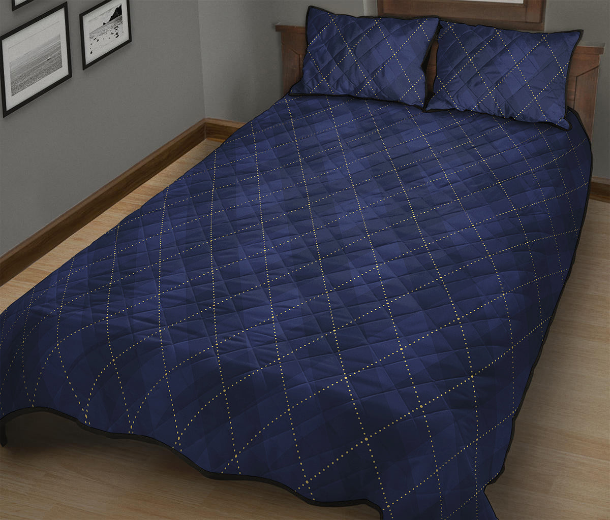 Navy Blue Argyle Pattern Print Quilt Bed Set