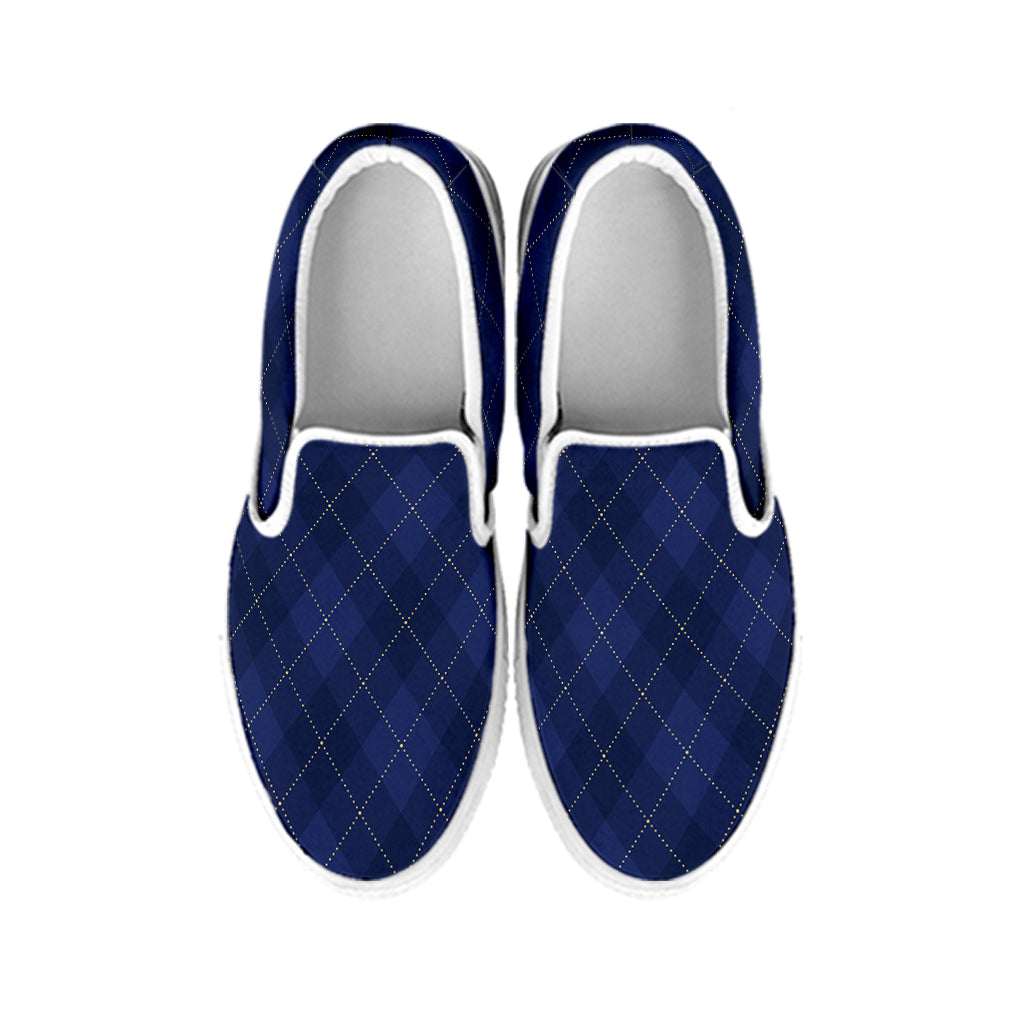 Navy Blue Argyle Pattern Print White Slip On Shoes