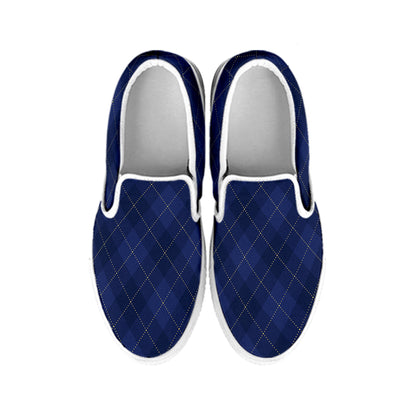 Navy Blue Argyle Pattern Print White Slip On Shoes