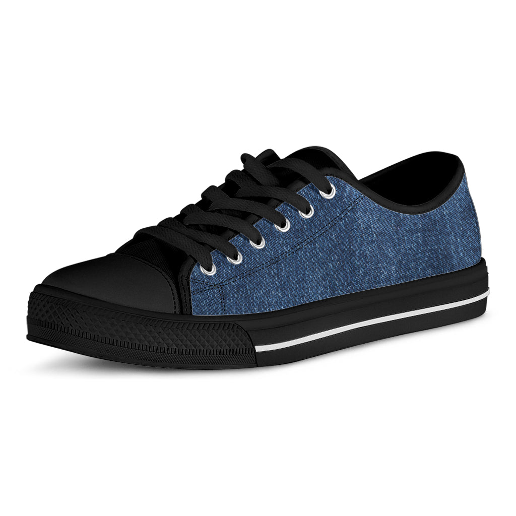Navy Blue Denim Jeans Print Black Low Top Shoes
