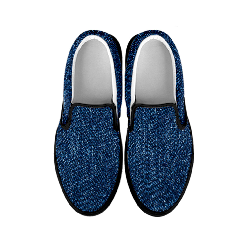 Navy Blue Denim Jeans Print Black Slip On Shoes