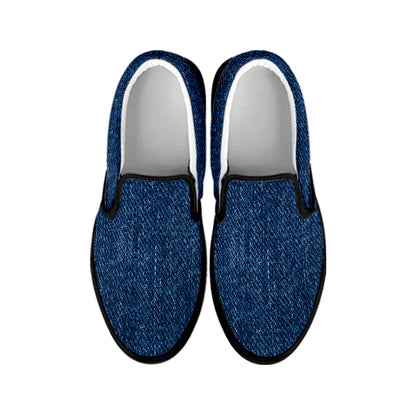 Navy Blue Denim Jeans Print Black Slip On Shoes