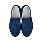 Navy Blue Denim Jeans Print Black Slip On Shoes