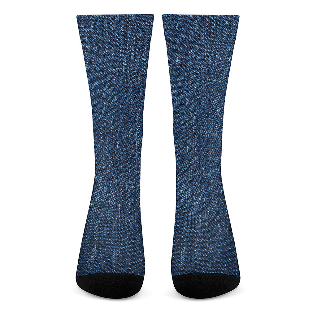 Navy Blue Denim Jeans Print Crew Socks