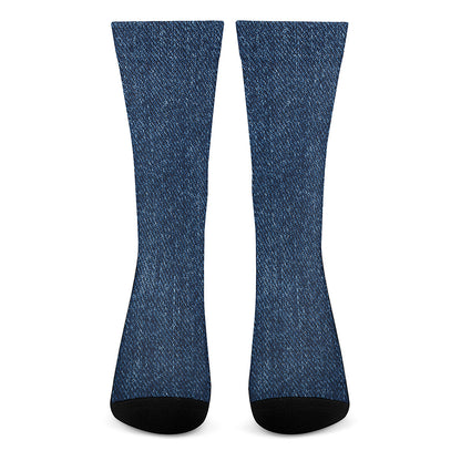 Navy Blue Denim Jeans Print Crew Socks