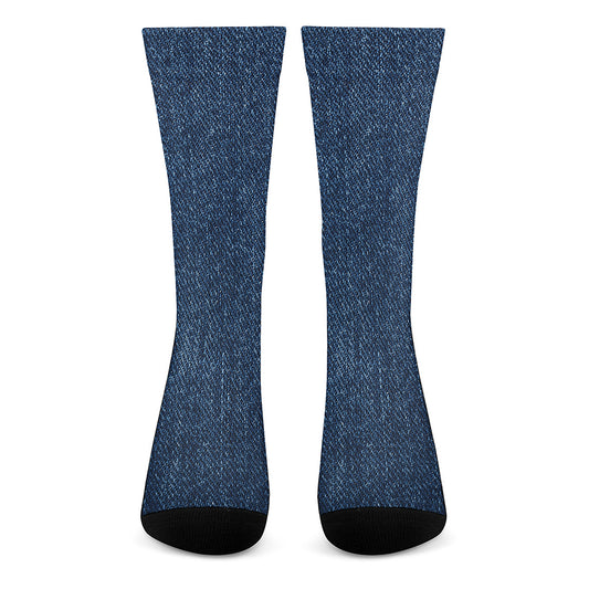 Navy Blue Denim Jeans Print Crew Socks