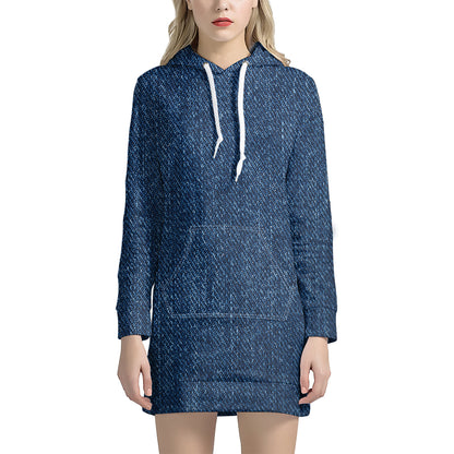 Navy Blue Denim Jeans Print Hoodie Dress