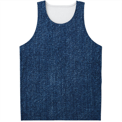 Navy Blue Denim Jeans Print Men's Tank Top