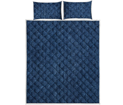 Navy Blue Denim Jeans Print Quilt Bed Set