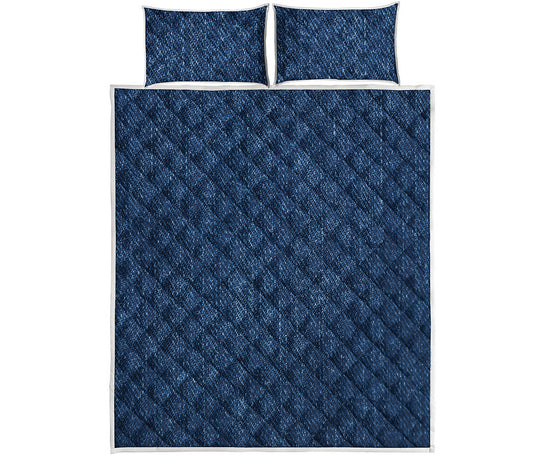 Navy Blue Denim Jeans Print Quilt Bed Set