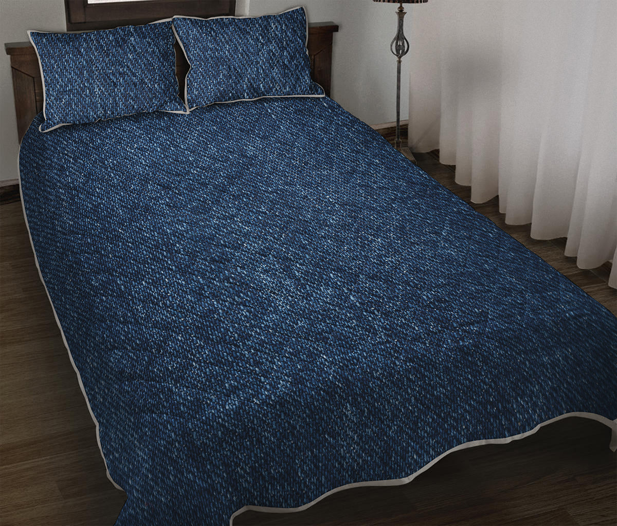 Navy Blue Denim Jeans Print Quilt Bed Set