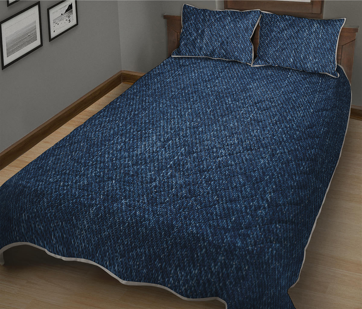 Navy Blue Denim Jeans Print Quilt Bed Set