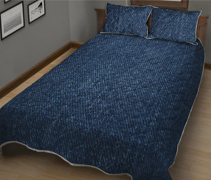 Navy Blue Denim Jeans Print Quilt Bed Set