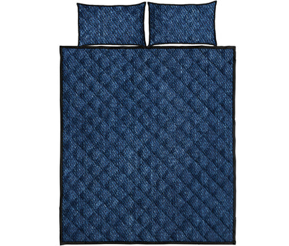 Navy Blue Denim Jeans Print Quilt Bed Set