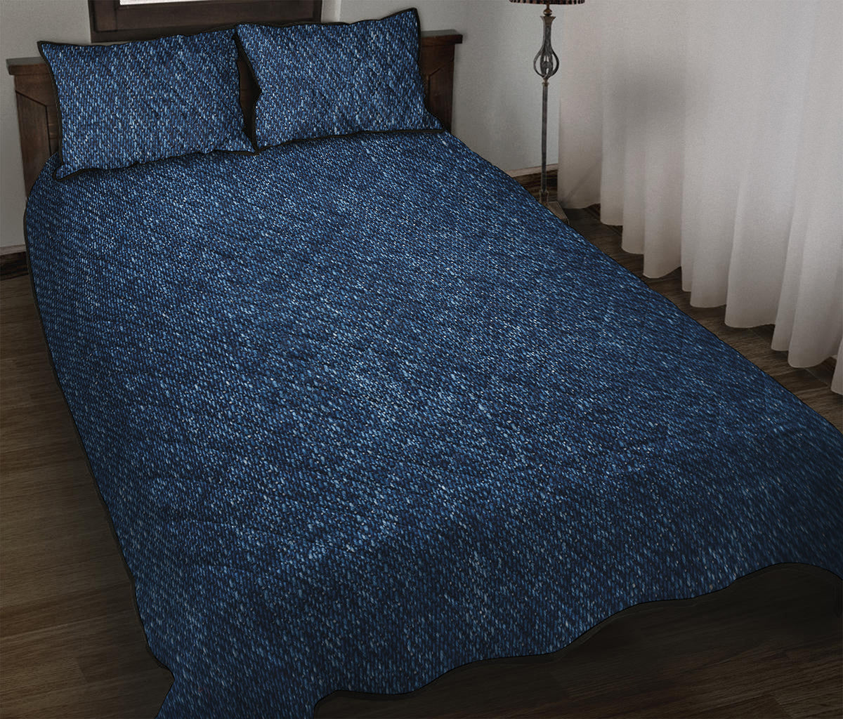 Navy Blue Denim Jeans Print Quilt Bed Set