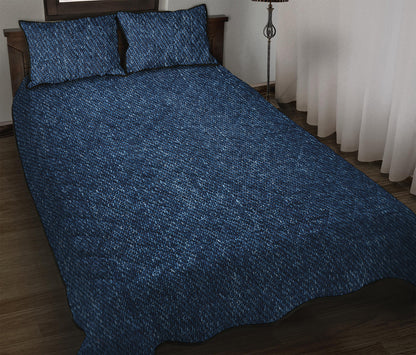 Navy Blue Denim Jeans Print Quilt Bed Set