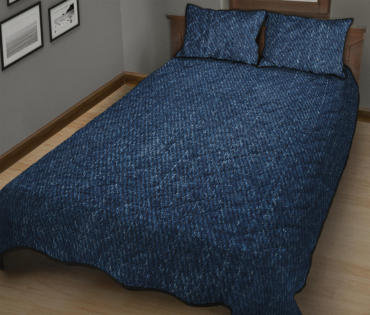 Navy Blue Denim Jeans Print Quilt Bed Set