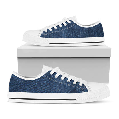 Navy Blue Denim Jeans Print White Low Top Shoes
