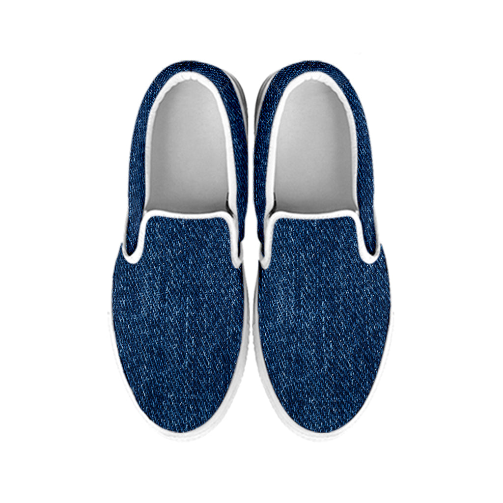 Navy Blue Denim Jeans Print White Slip On Shoes