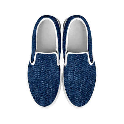Navy Blue Denim Jeans Print White Slip On Shoes