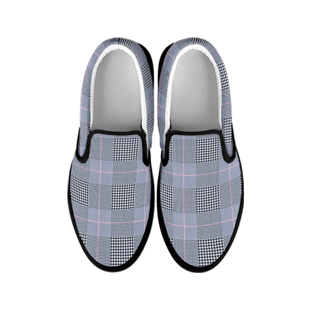 Navy Blue Prince of Wales Check Print Black Slip On Shoes