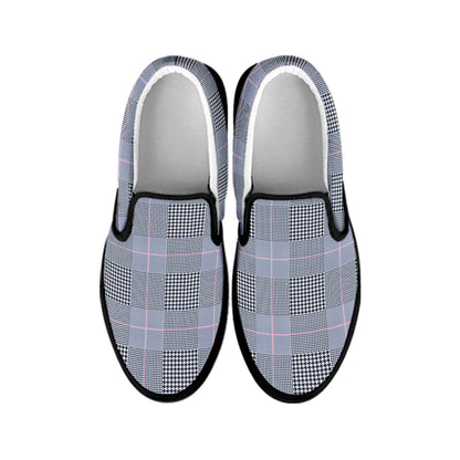 Navy Blue Prince of Wales Check Print Black Slip On Shoes