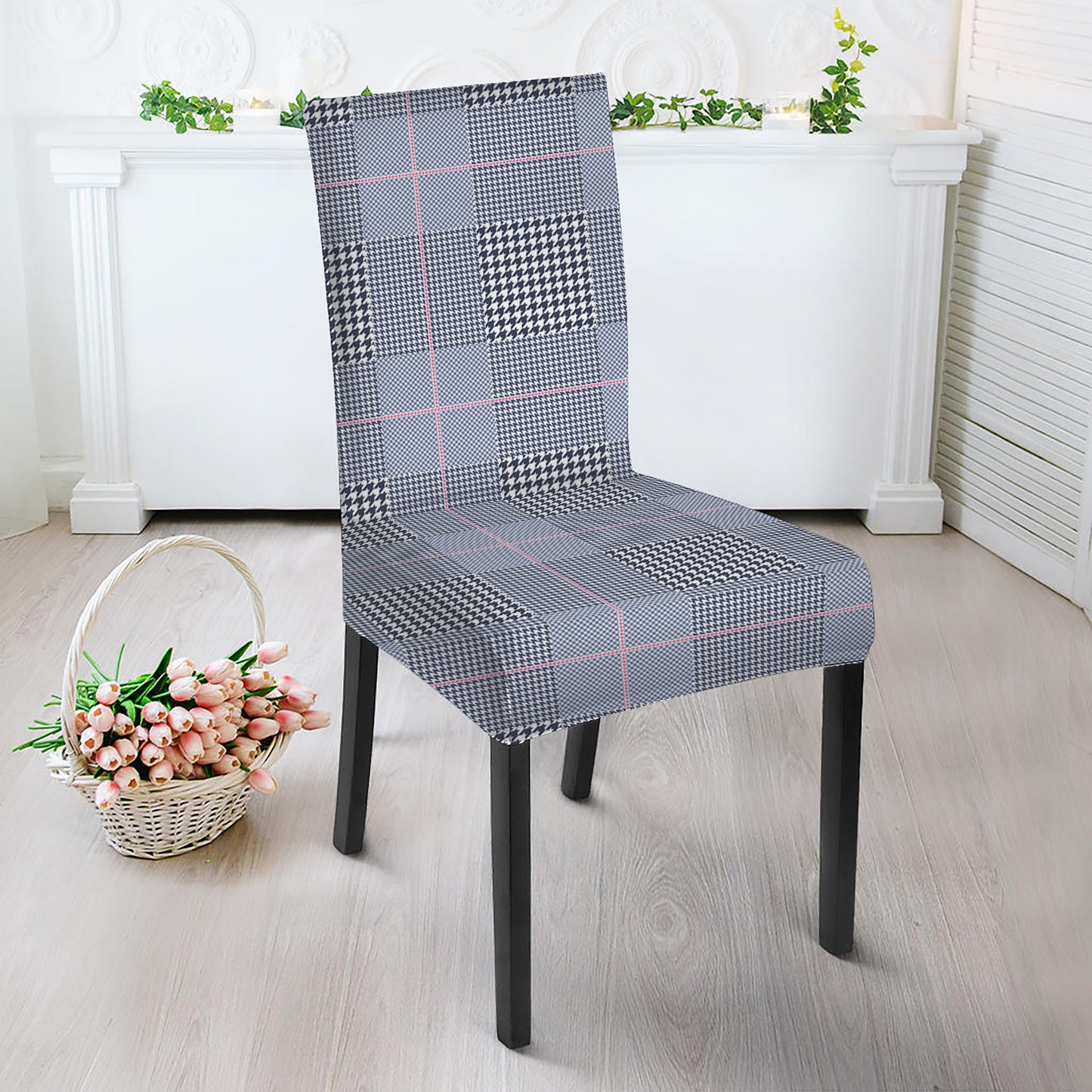 Navy Blue Prince of Wales Check Print Dining Chair Slipcover