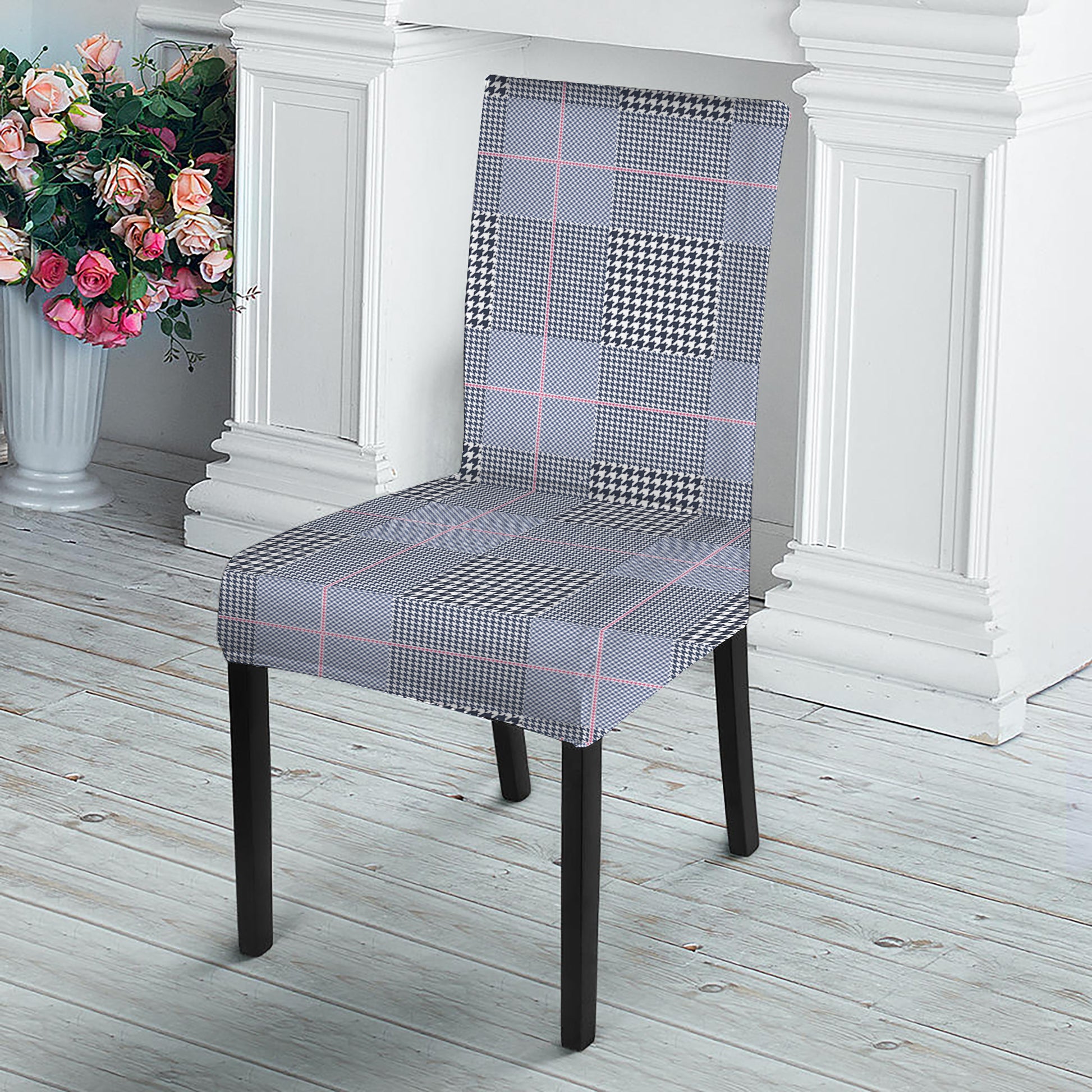 Navy Blue Prince of Wales Check Print Dining Chair Slipcover