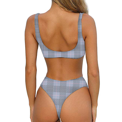Navy Blue Prince of Wales Check Print Front Bow Tie Bikini