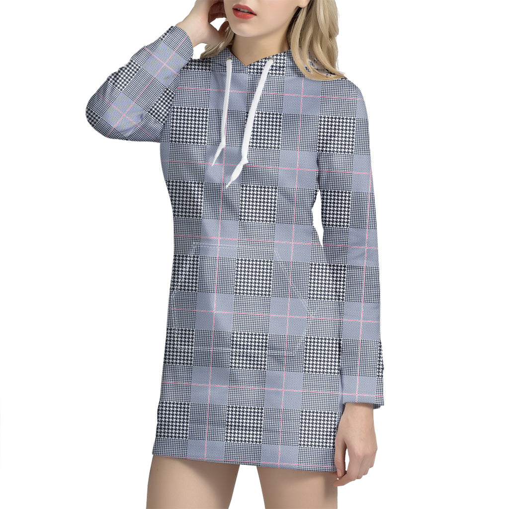Navy Blue Prince of Wales Check Print Hoodie Dress