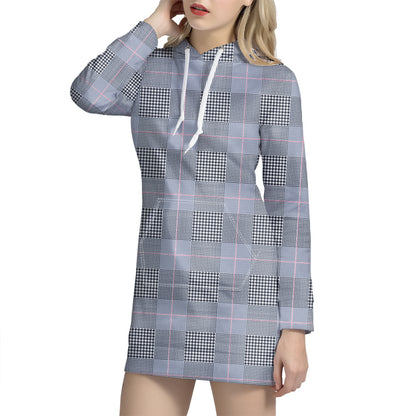 Navy Blue Prince of Wales Check Print Hoodie Dress