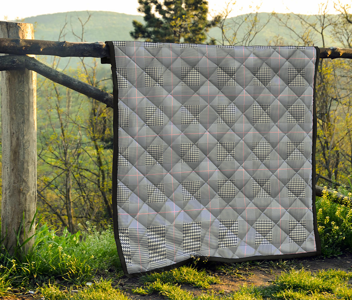 Navy Blue Prince of Wales Check Print Quilt