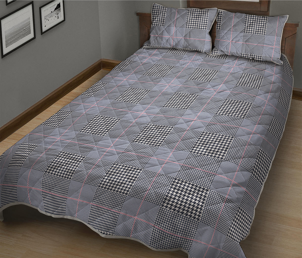 Navy Blue Prince of Wales Check Print Quilt Bed Set