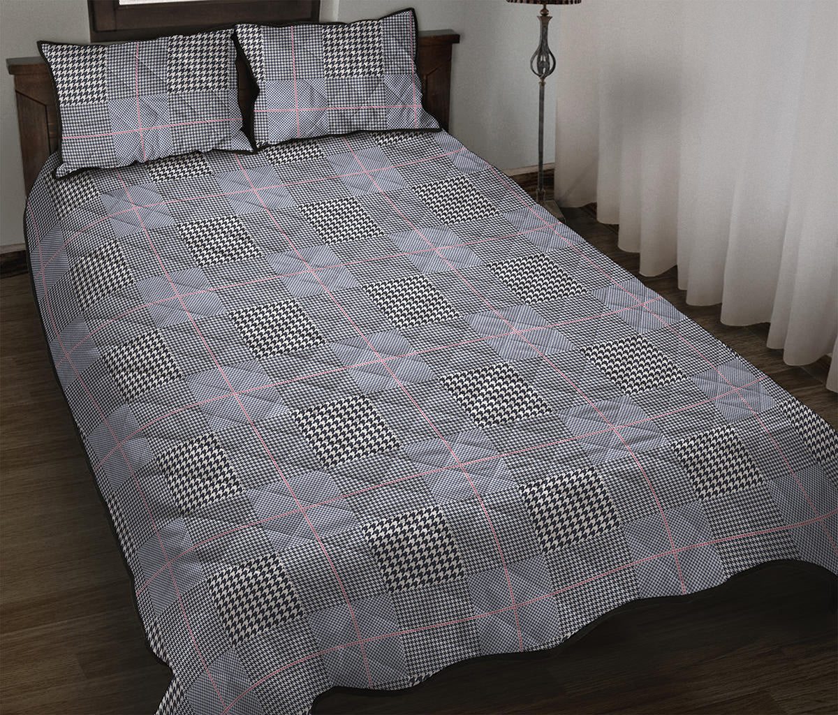 Navy Blue Prince of Wales Check Print Quilt Bed Set