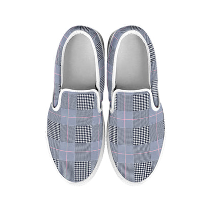 Navy Blue Prince of Wales Check Print White Slip On Shoes