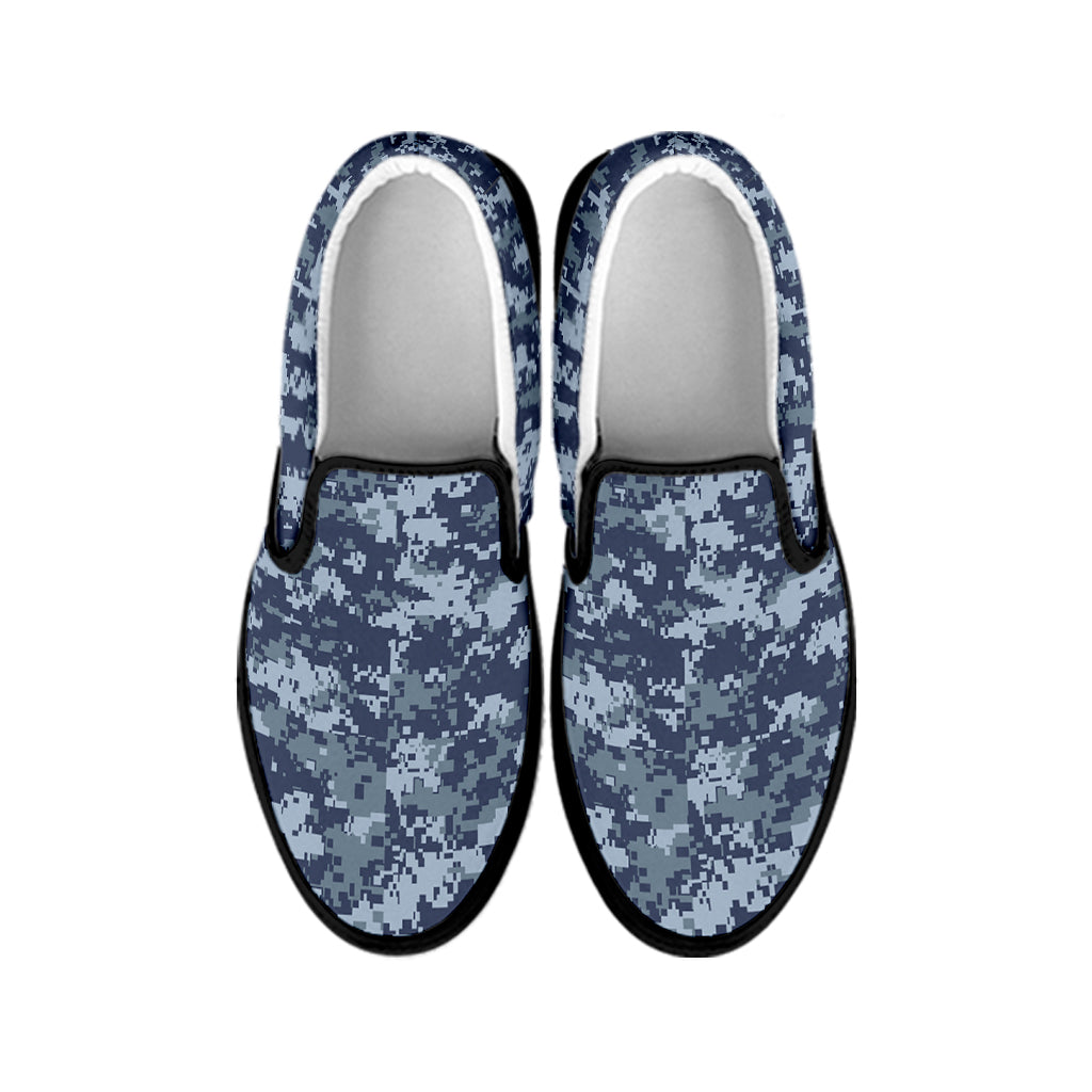 Navy Digital Camo Pattern Print Black Slip On Shoes