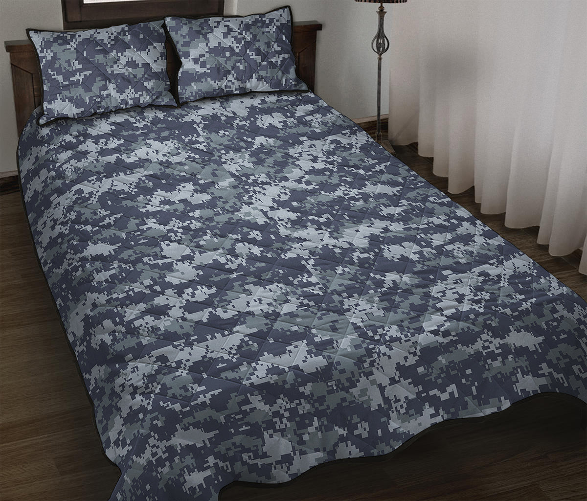 Navy Digital Camo Pattern Print Quilt Bed Set