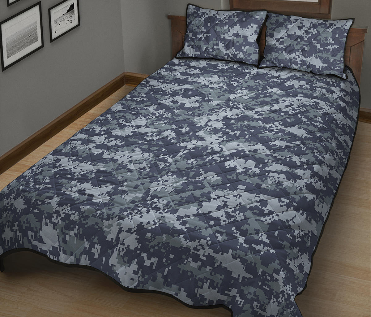 Navy Digital Camo Pattern Print Quilt Bed Set