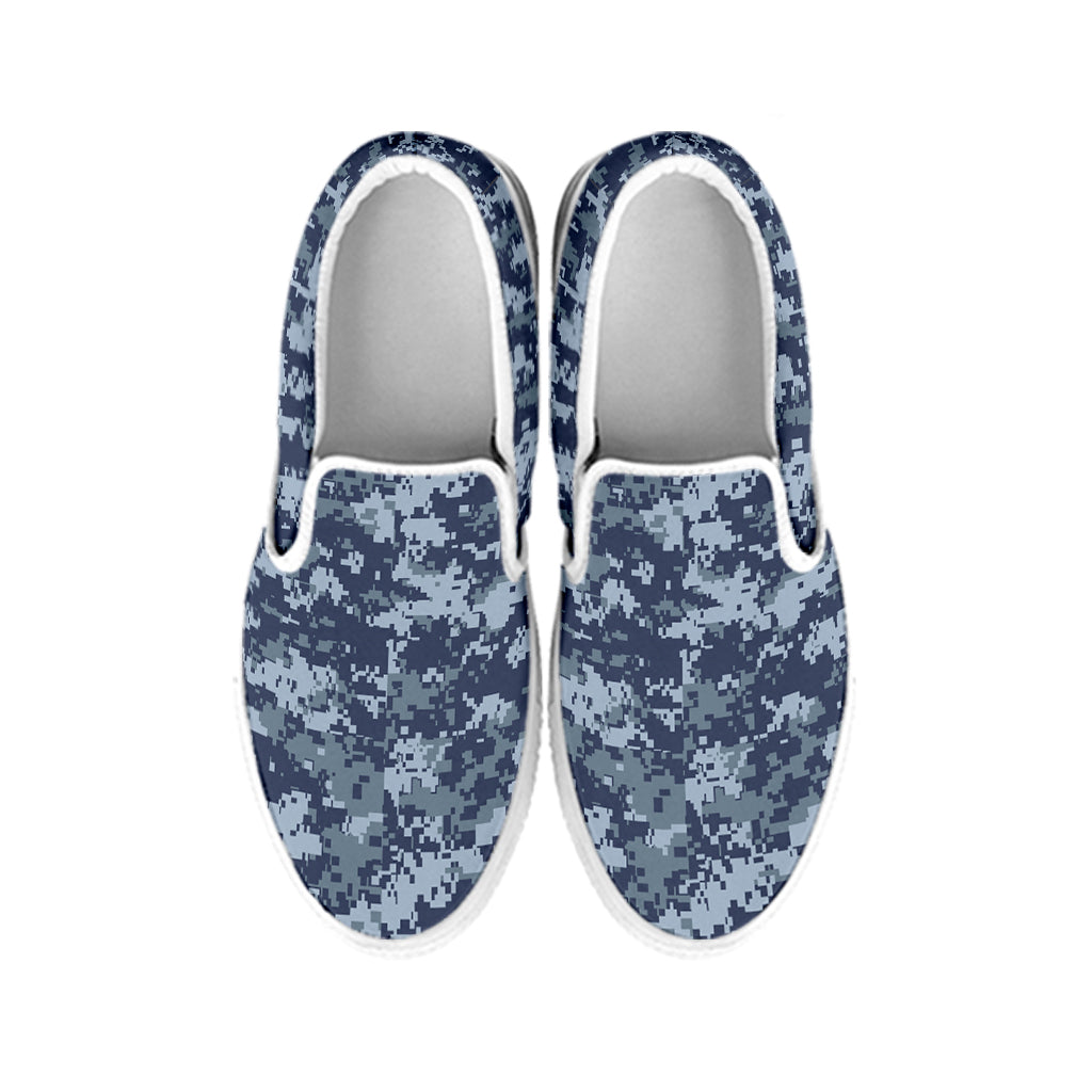 Navy Digital Camo Pattern Print White Slip On Shoes