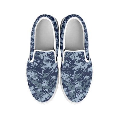 Navy Digital Camo Pattern Print White Slip On Shoes